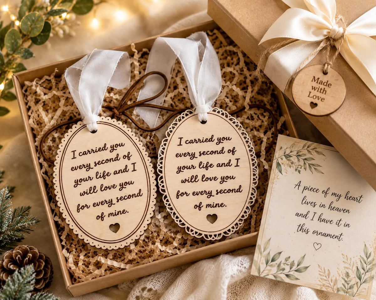 Laser engraved pregnancy and infant loss memorial ornament gift set in kraft box with sentiment card