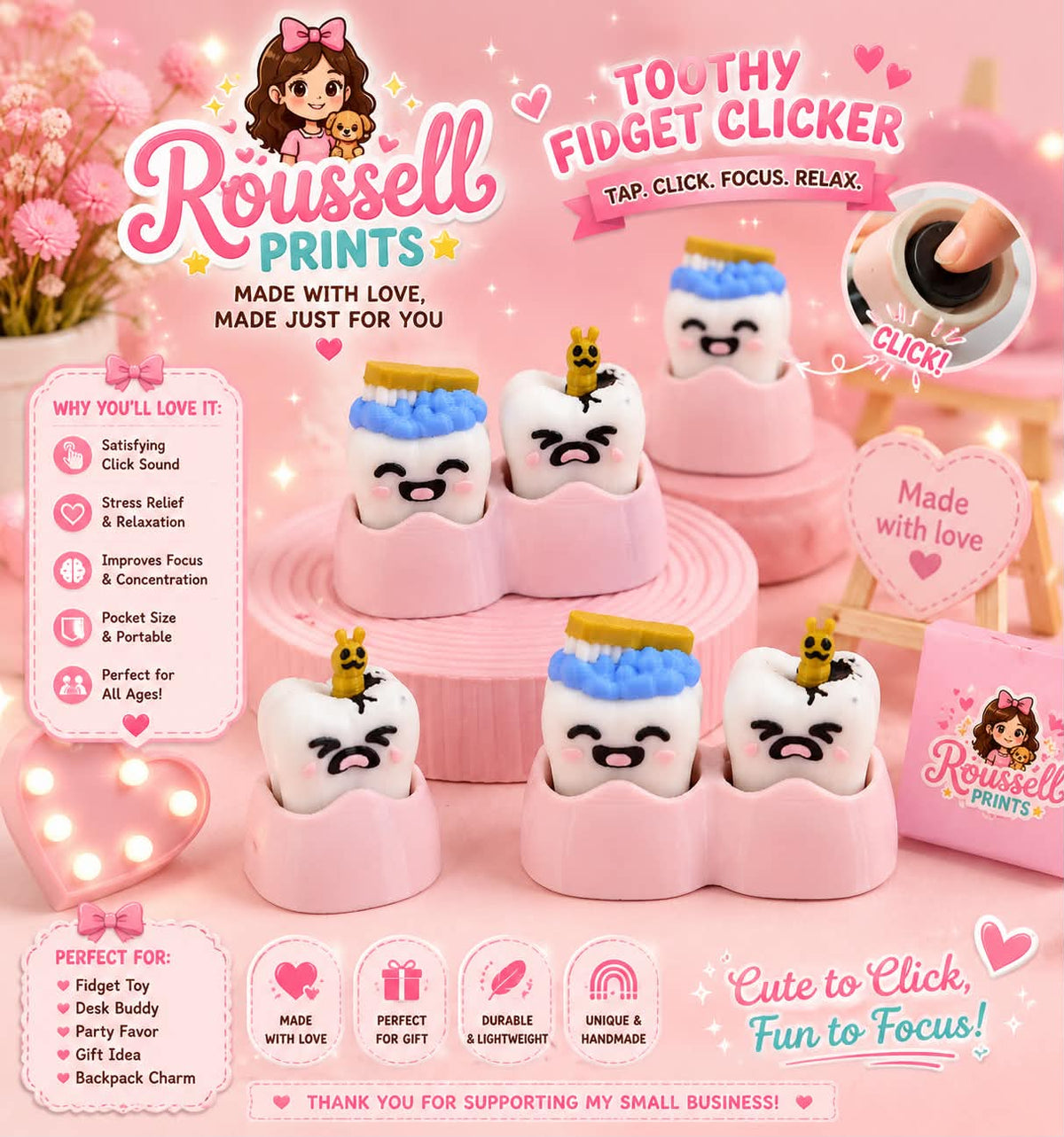 Toothy Fidget Clicker – 3D Printed Kawaii Tooth Stress Relief Toy