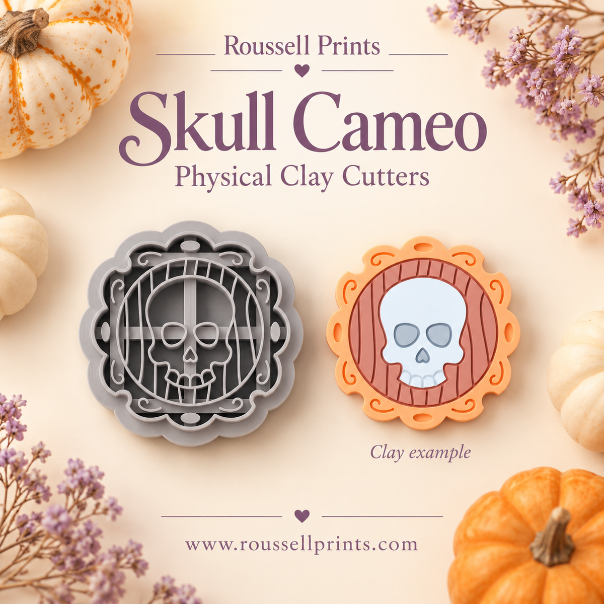 Skull Cameo physical clay cutter beside a finished clay sample with a white skull, lined background, and orange ornamental frame.