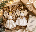 Personalized memorial angel ornament gift set with crocheted dress and fabric insert styles in kraft gift box