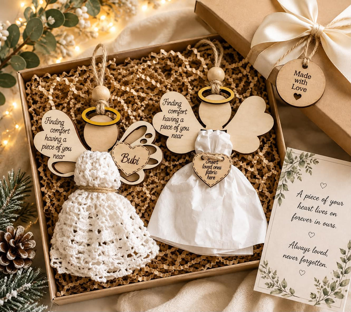 Personalized memorial angel ornament gift set with crocheted dress and fabric insert styles in kraft gift box