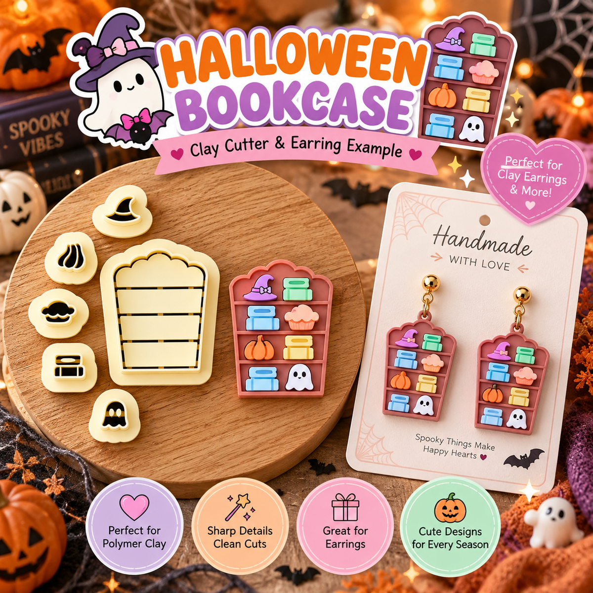 Halloween Bookcase Clay Cutter Set with polymer clay earring example by Roussell Prints
