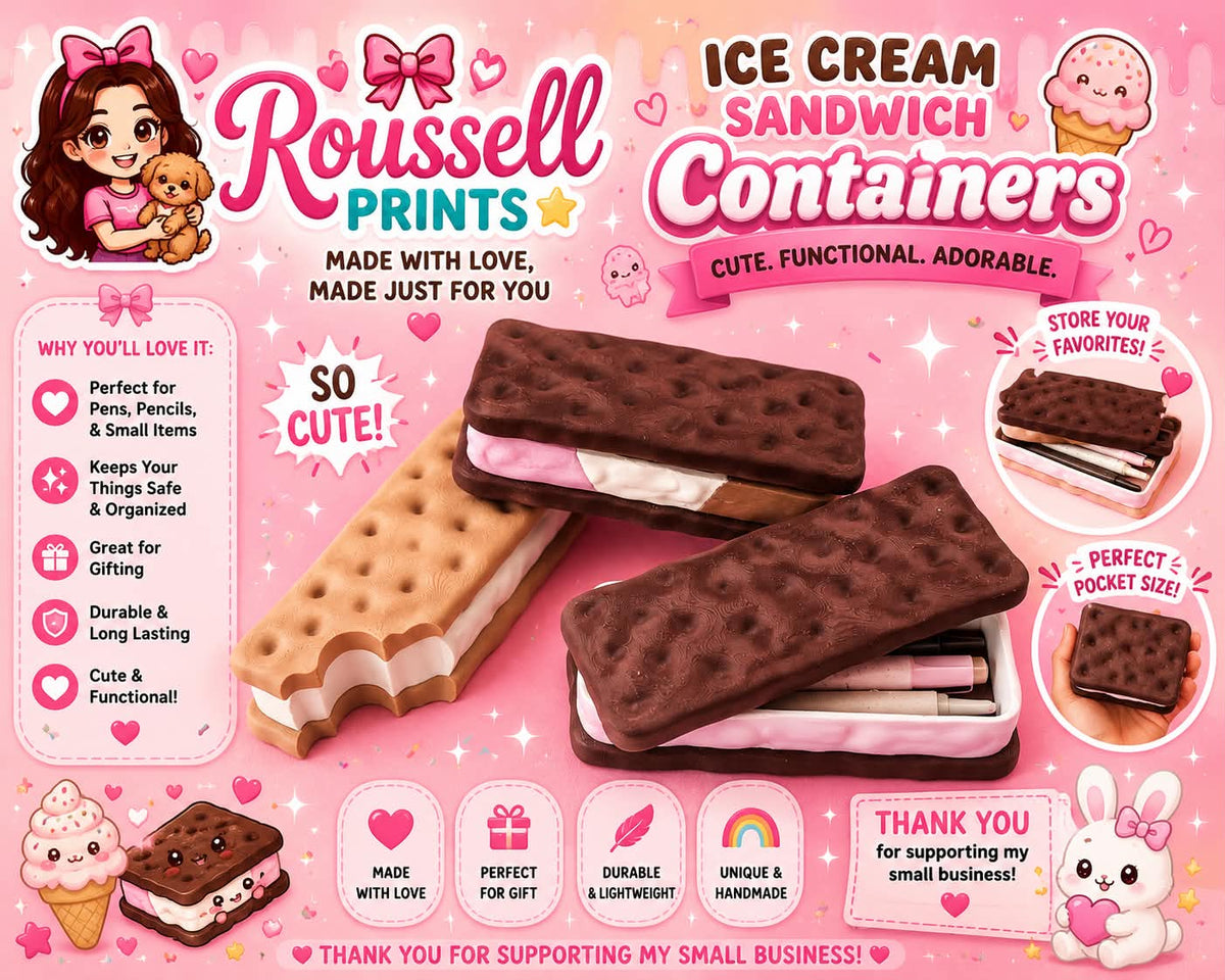 Ice cream sandwich container 3D printed hinged kawaii storage case with chocolate wafer and pink cream filling holding pens and pencils
