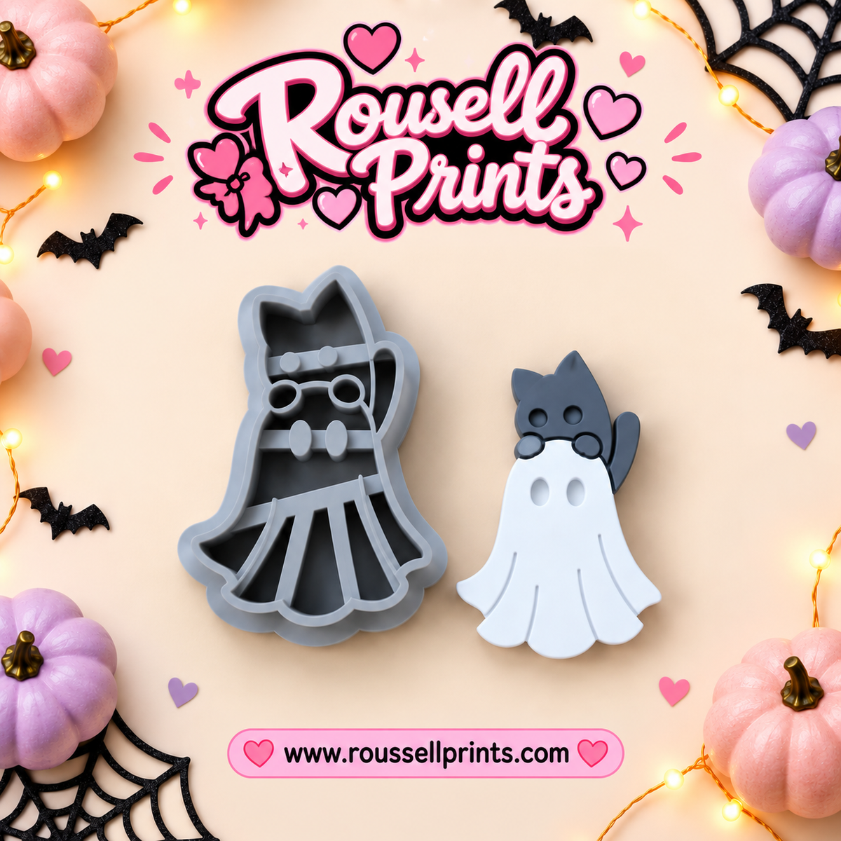 Black Cat Ghost clay cutter with finished clay example - a black cat wearing glasses under a white ghost sheet