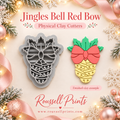 Jingles Bell Red Bow Physical Clay Cutter by Roussell Prints – double jingle bell with bow and holly topper cutout, with finished golden yellow clay example with red bow and green holly