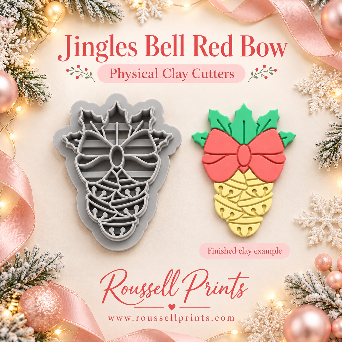 Jingles Bell Red Bow Physical Clay Cutter by Roussell Prints – double jingle bell with bow and holly topper cutout, with finished golden yellow clay example with red bow and green holly