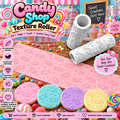 Candy Shop texture roller with embossed candy patterns shown on cookies, fondant, chocolate, and clay