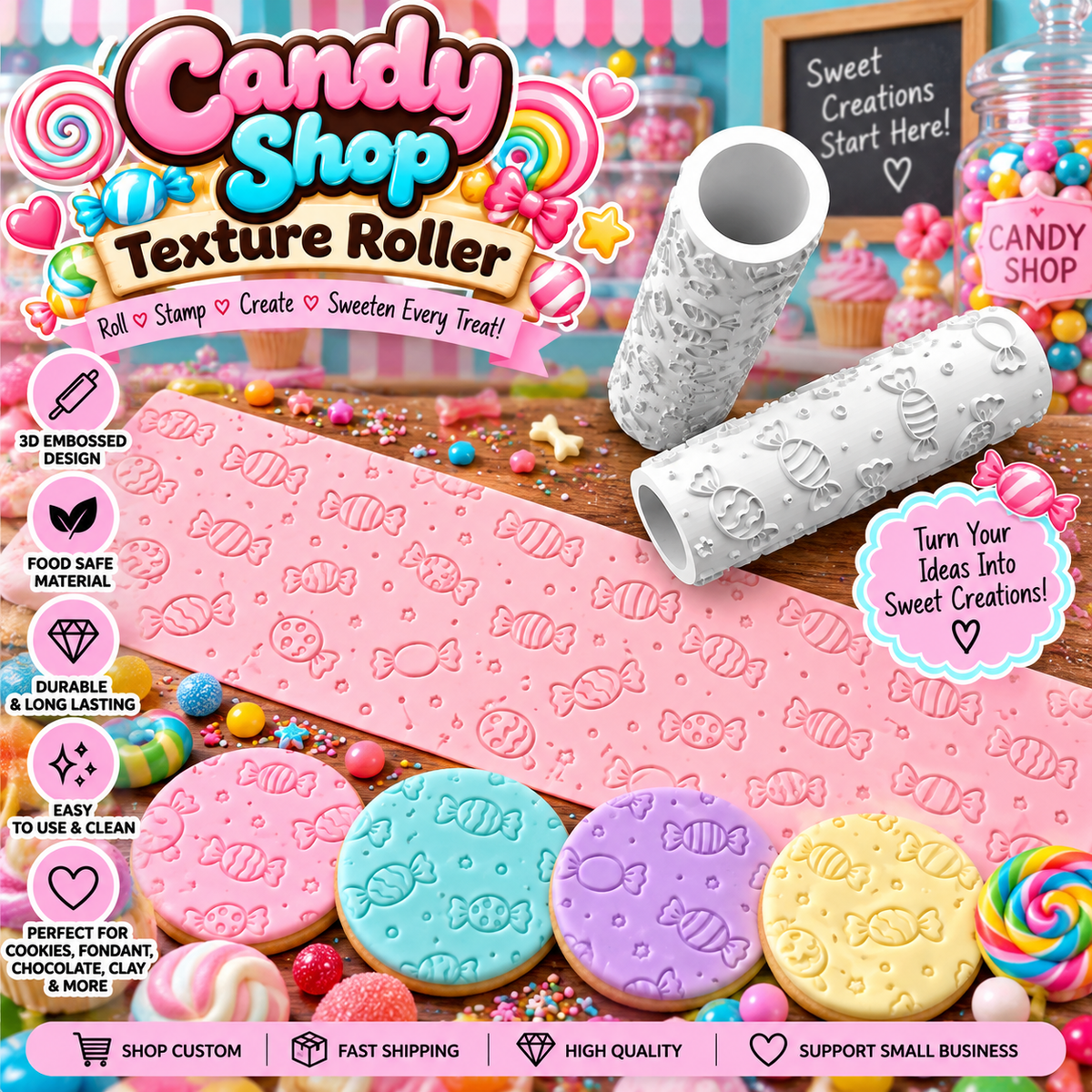 Candy Shop texture roller with embossed candy patterns shown on cookies, fondant, chocolate, and clay