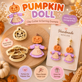 Pumpkin doll 2 piece clay cutter set 3D printed with pumpkin head and lavender dress doll body, shown with finished charm and earring example