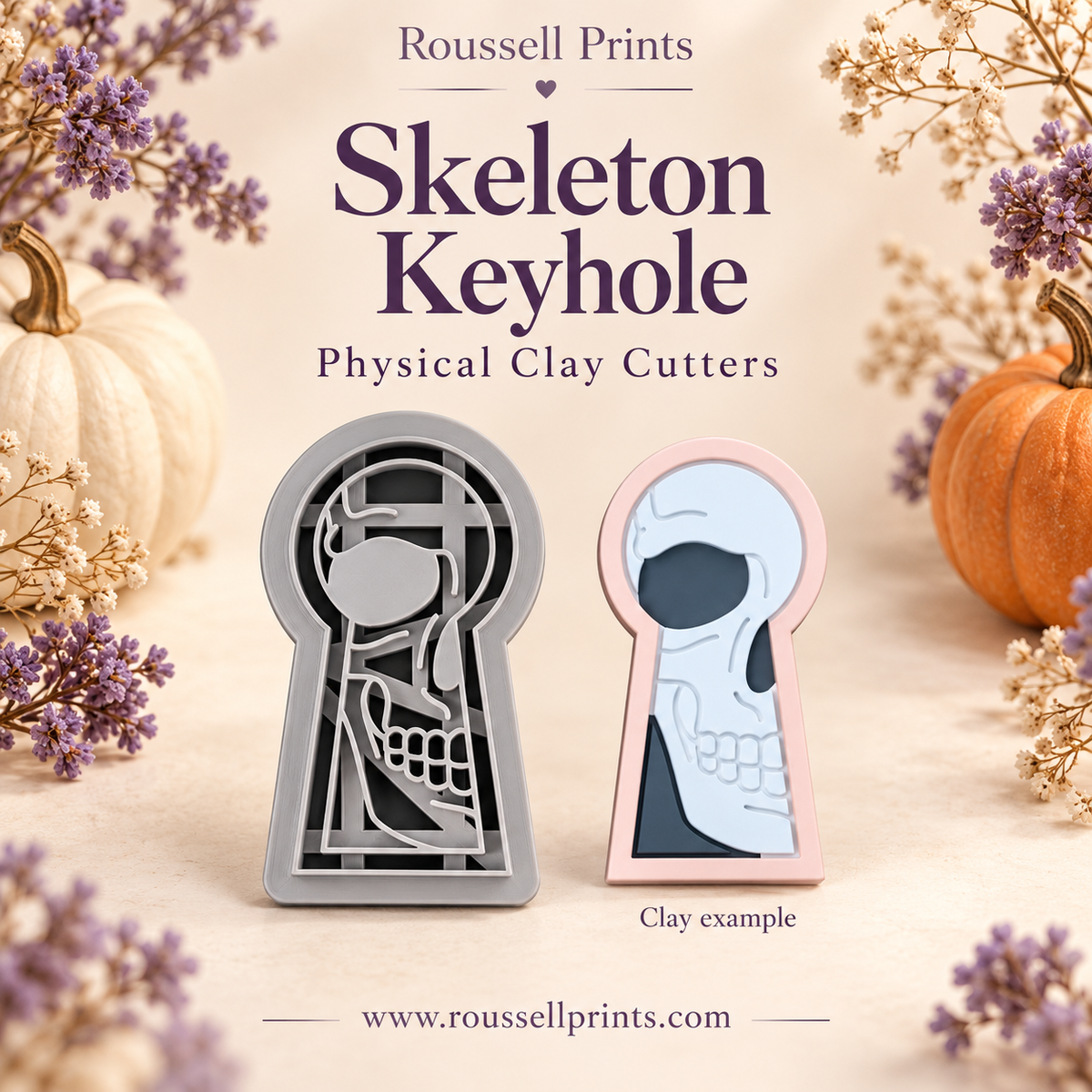 Skeleton Keyhole physical clay cutter beside a clay sample showing a white skull within a pink keyhole frame.