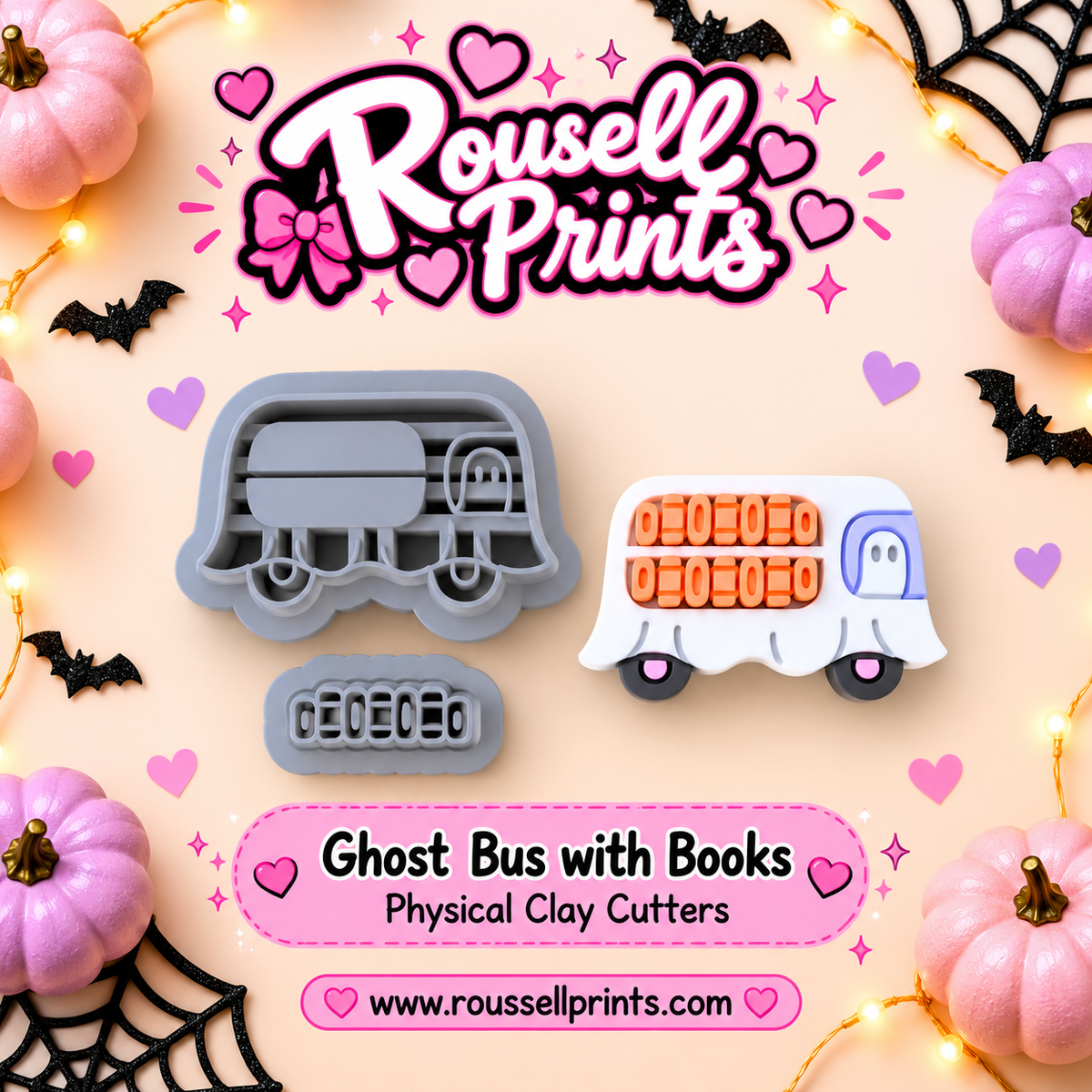Ghost Bus with Books clay cutter set with finished clay example - a ghost-shaped bus with a ghost driver and stacked books