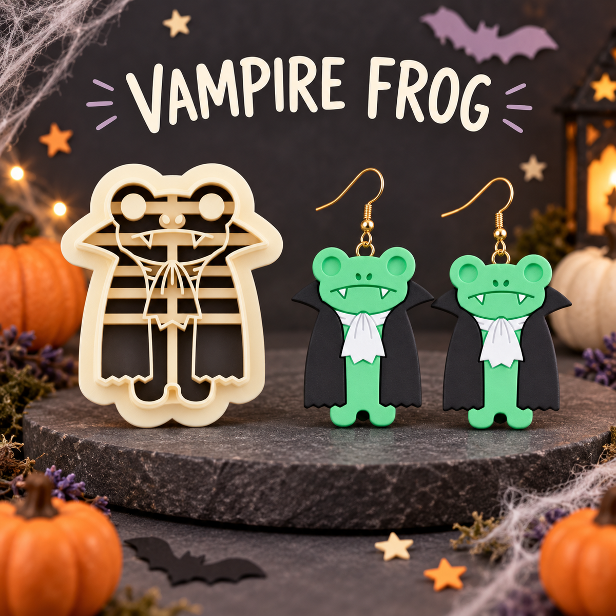 Vampire Frog Clay Cutter Set with polymer clay earring example – Halloween Count Frogula vampire design by Roussell Prints