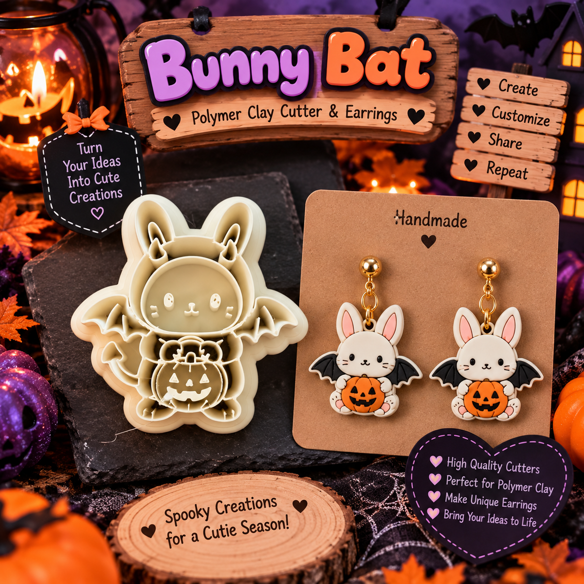 Bunny Bat Clay Cutter Set with polymer clay earring example – kawaii Halloween design by Roussell Prints