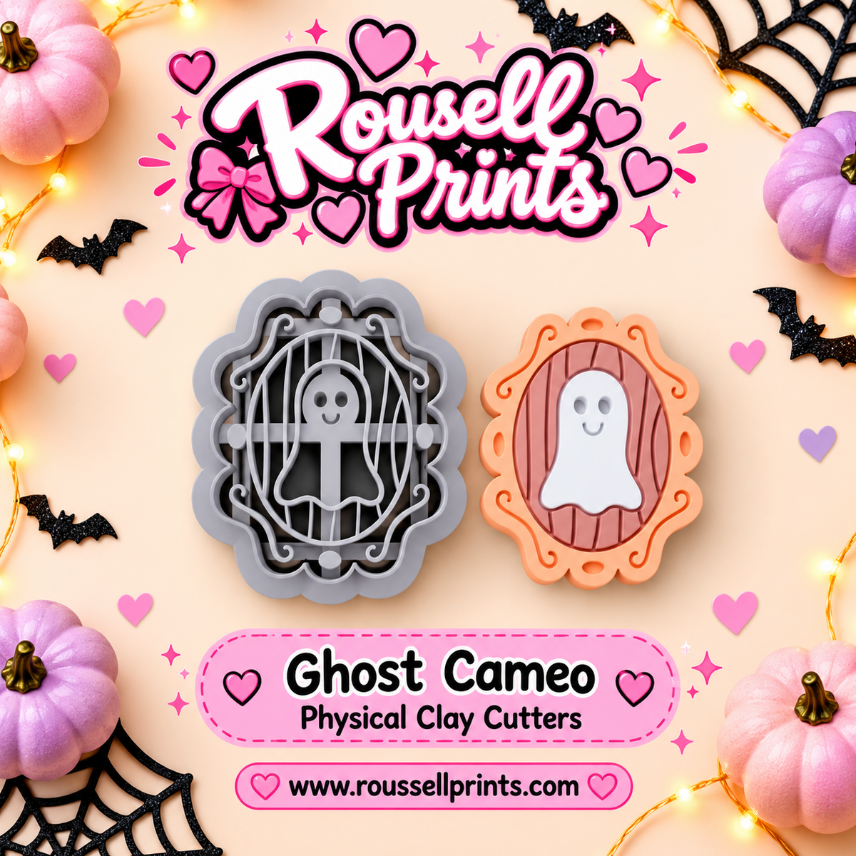 Ghost Cameo clay cutter with finished clay example - a smiling ghost inside an ornate oval cameo frame