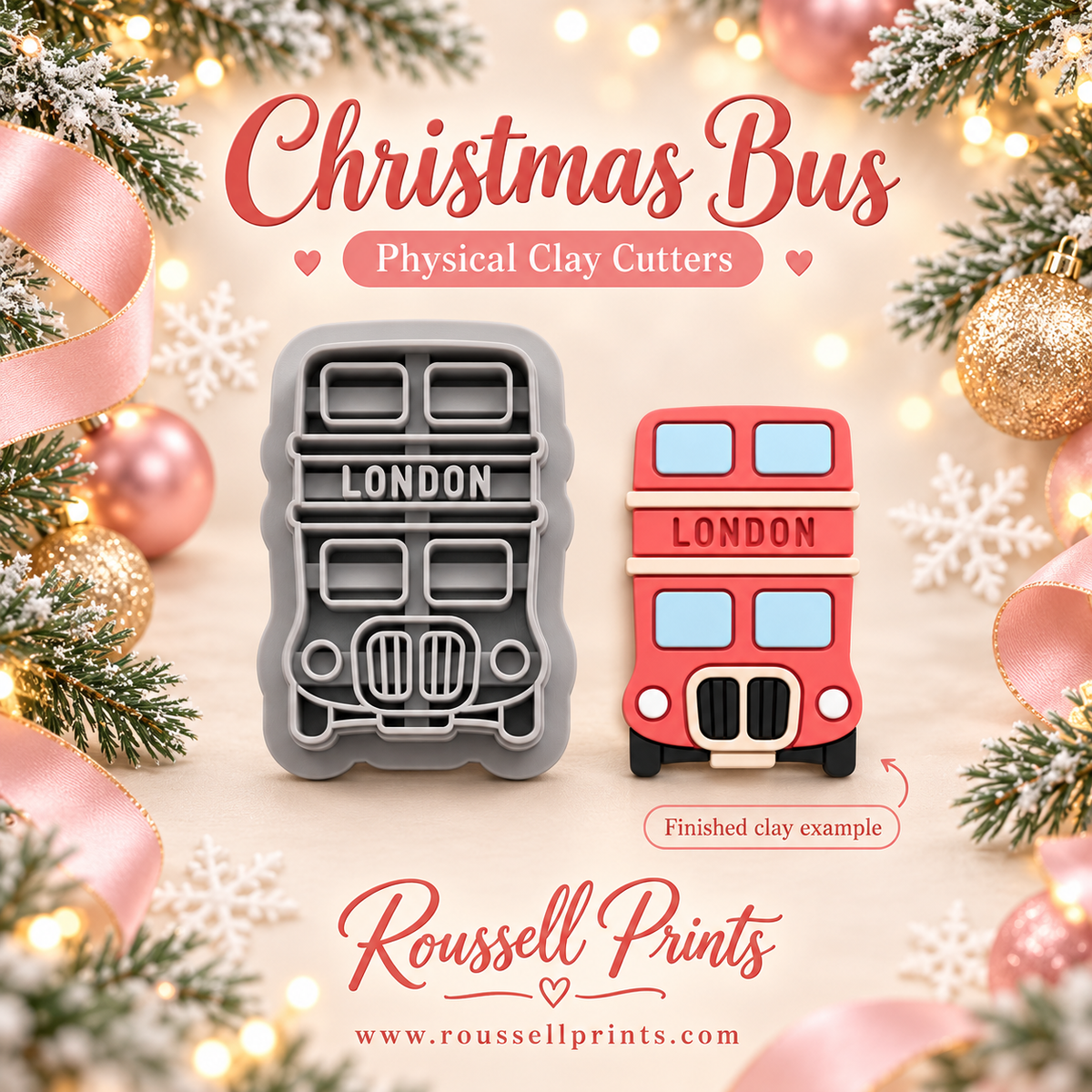 Christmas Bus Physical Clay Cutter by Roussell Prints – London double-decker bus shape with LONDON banner and finished red clay bus example