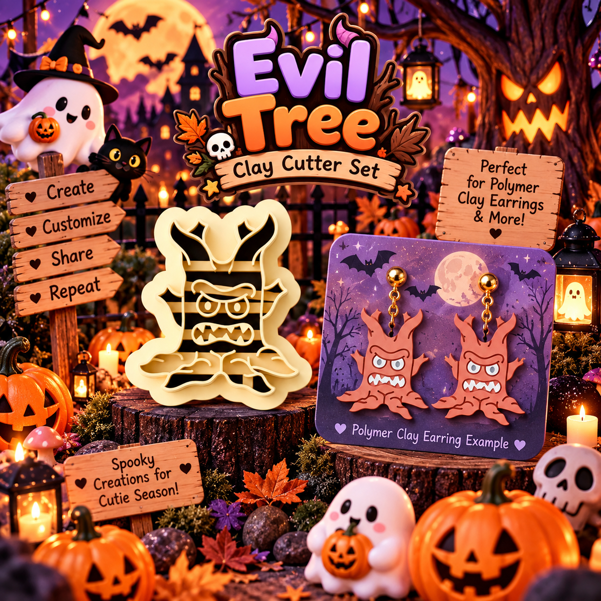 Evil Tree Clay Cutter Set with polymer clay earring example – spooky Halloween design by Roussell Prints