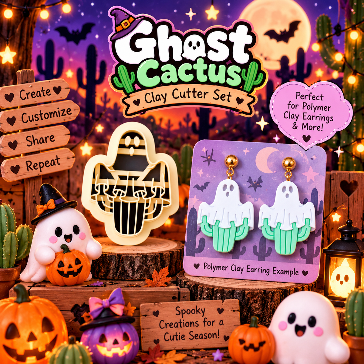 Ghost Cactus Clay Cutter Set with polymer clay earring example – spooky cute Halloween design by Roussell Prints