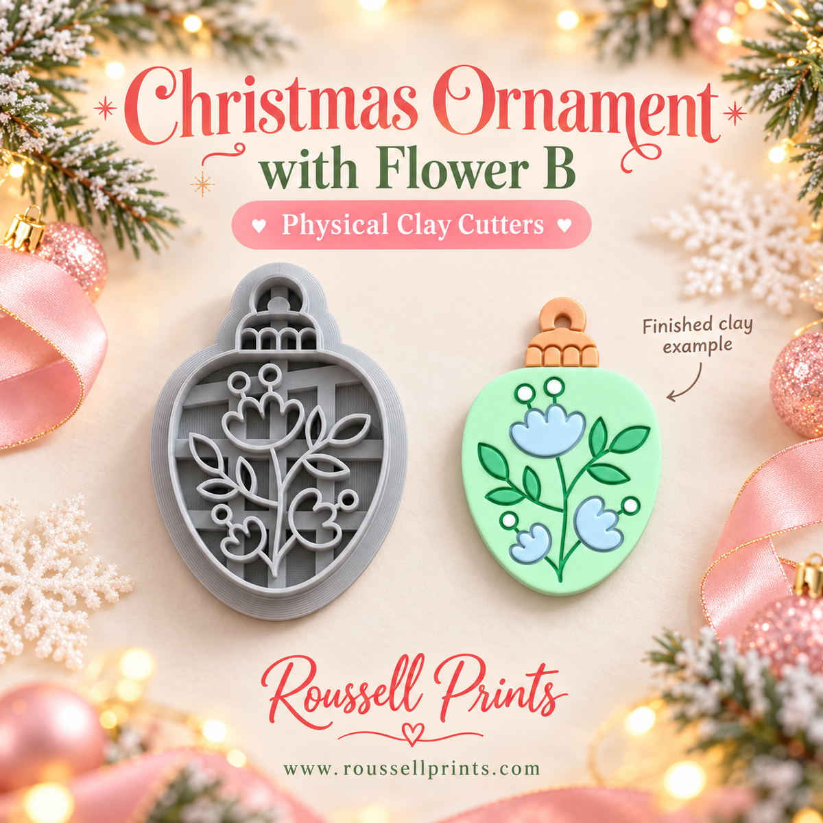Christmas Ornament with Flower B Physical Clay Cutter by Roussell Prints – ornament shape with floral bloom cutout and finished clay example in mint green with blue flowers