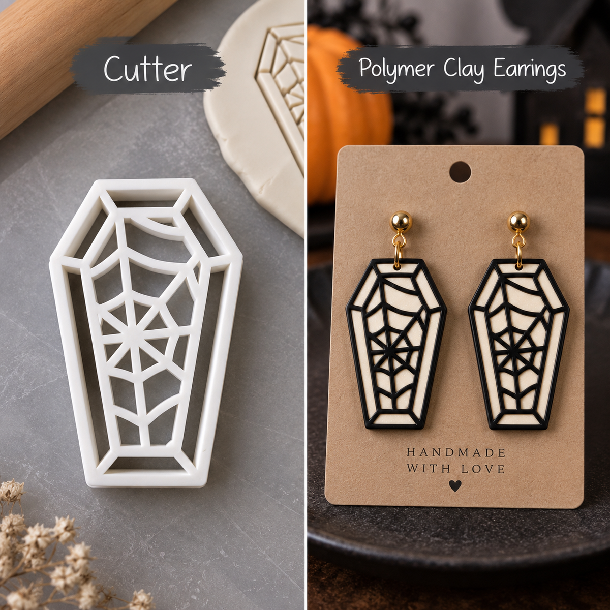Stained Glass Coffin Clay Cutter Set with polymer clay earring example – Halloween gothic spiderweb coffin design by Roussell Prints