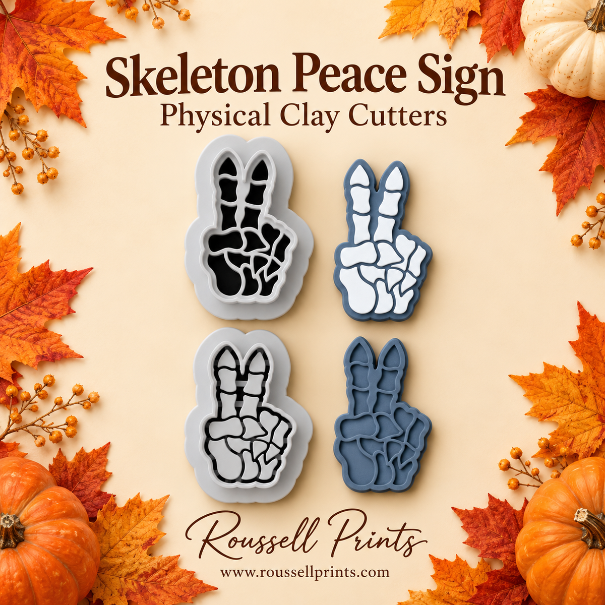 Skeleton hand peace sign clay cutters and sample clay designs surrounded by autumn leaves and pumpkins.