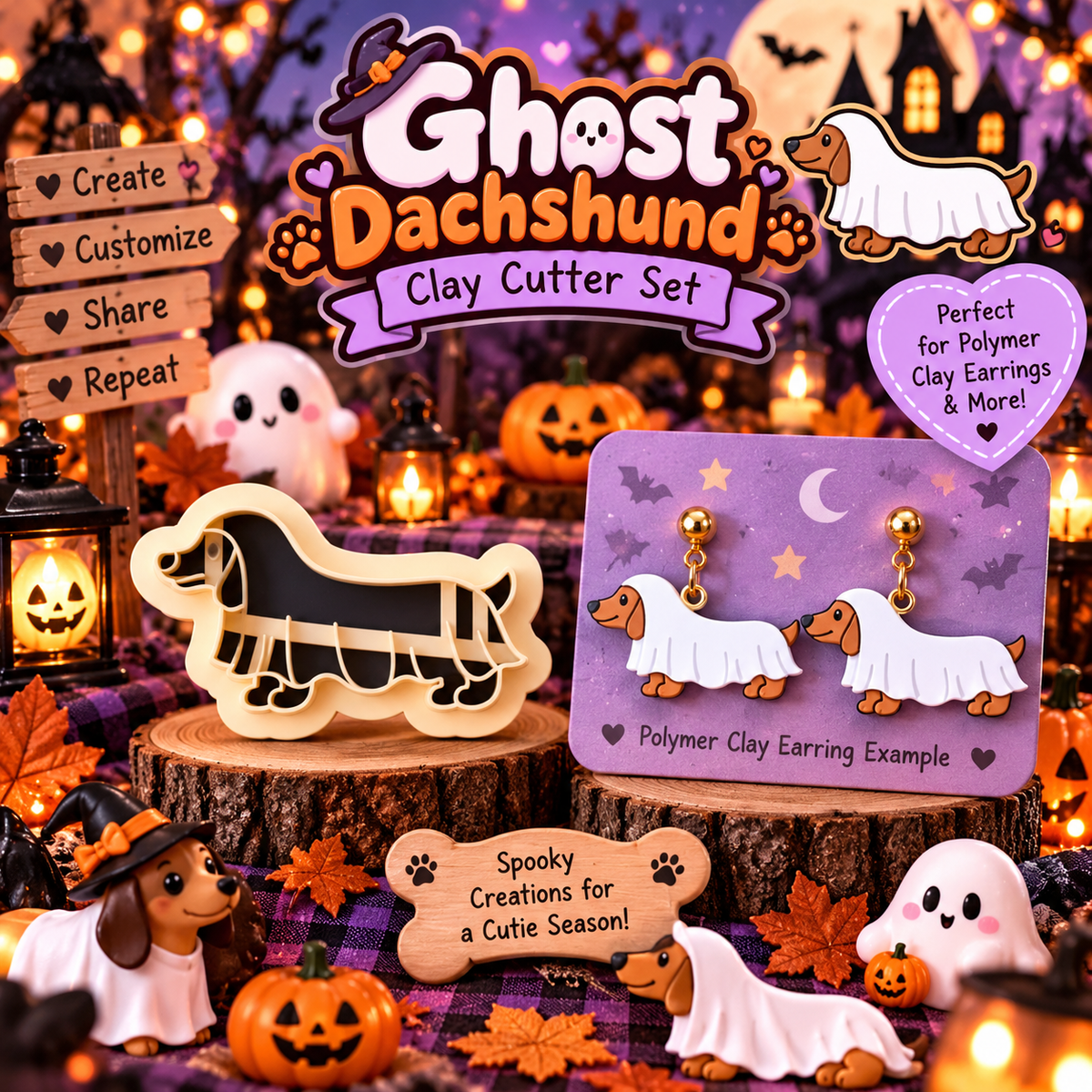 Ghost Dachshund Clay Cutter Set with polymer clay earring example – Halloween spooky cute design by Roussell Prints