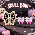 Skull Bow Clay Cutter Set with polymer clay earring example – Halloween skull bow spiderweb design by Roussell Prints