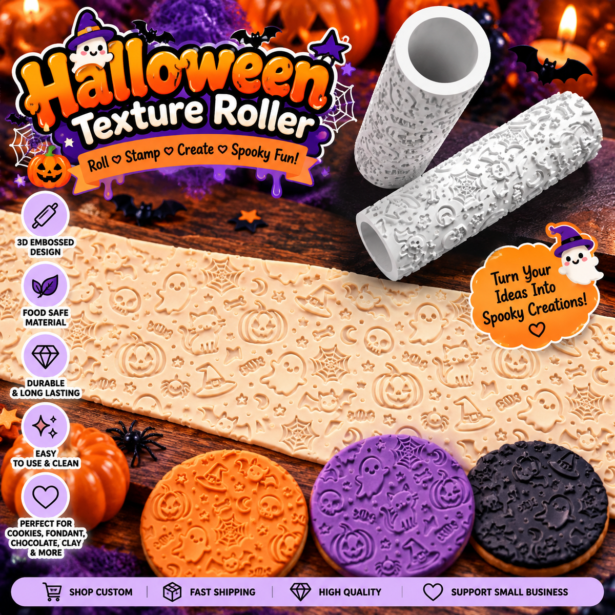 Halloween texture roller with embossed spooky patterns shown on cookies, fondant, chocolate, and clay
