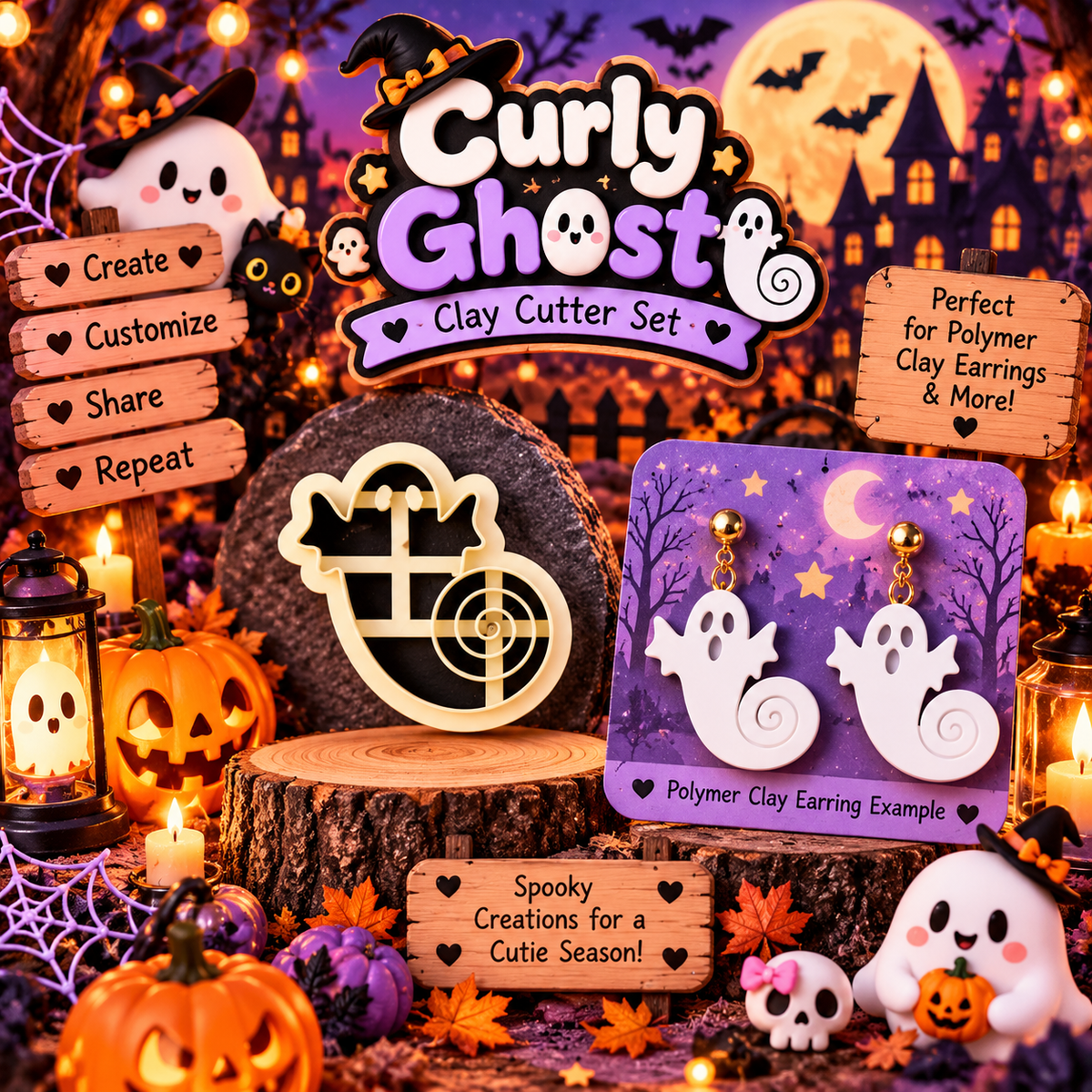 Curly Ghost Clay Cutter Set with polymer clay earring example – spooky cute Halloween design by Roussell Prints
