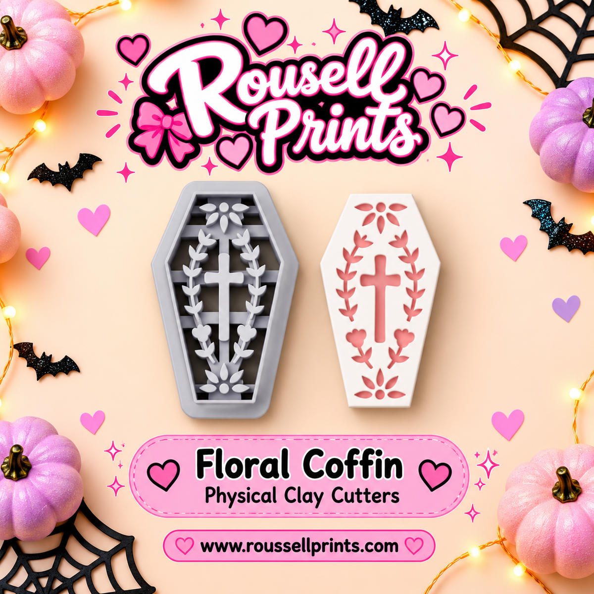 Floral Coffin clay cutter with finished clay example - a coffin shape with a cross surrounded by vines and roses