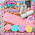 Candy Shop lollipop texture roller with embossed candy patterns shown on cookies, fondant, chocolate, and clay
