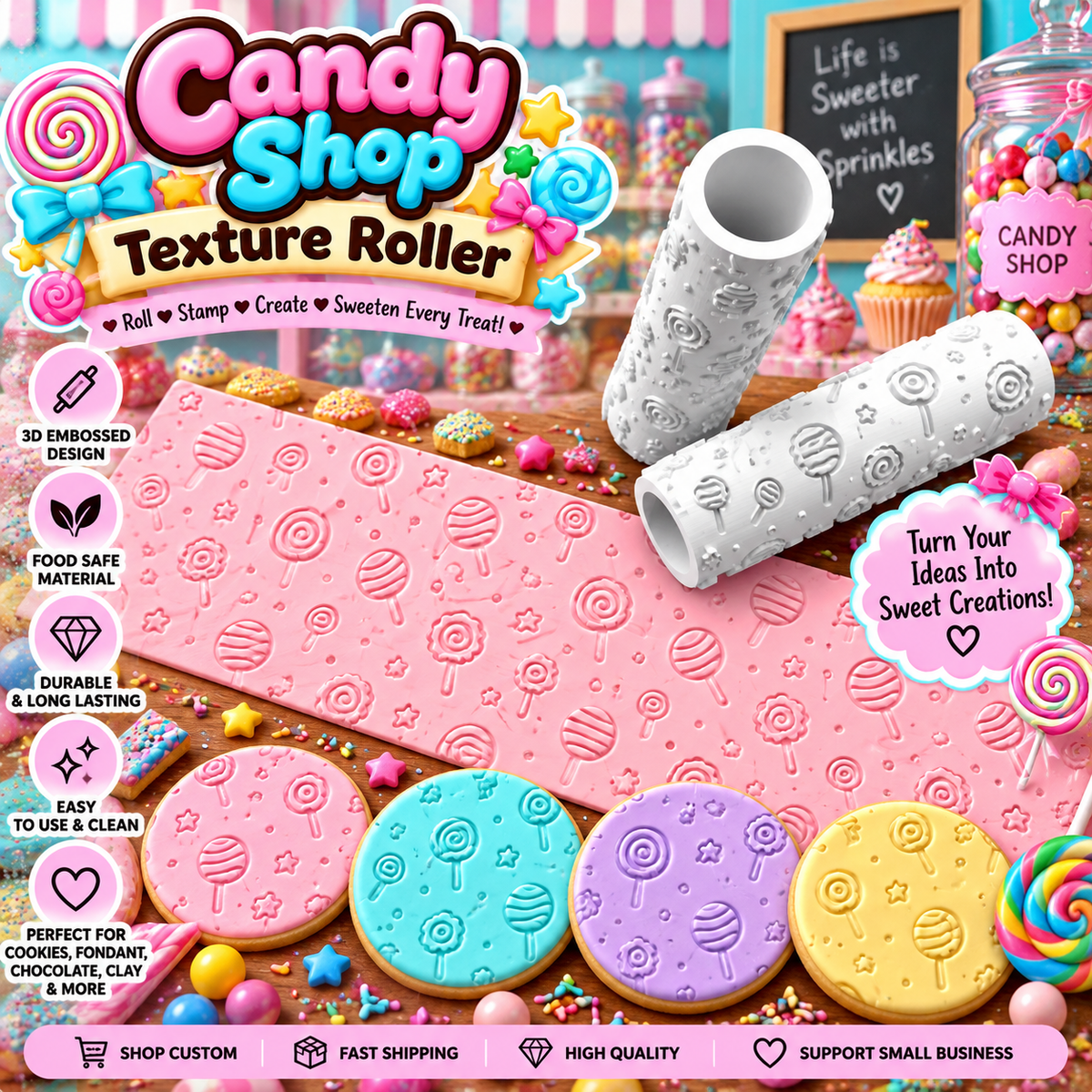 Candy Shop lollipop texture roller with embossed candy patterns shown on cookies, fondant, chocolate, and clay