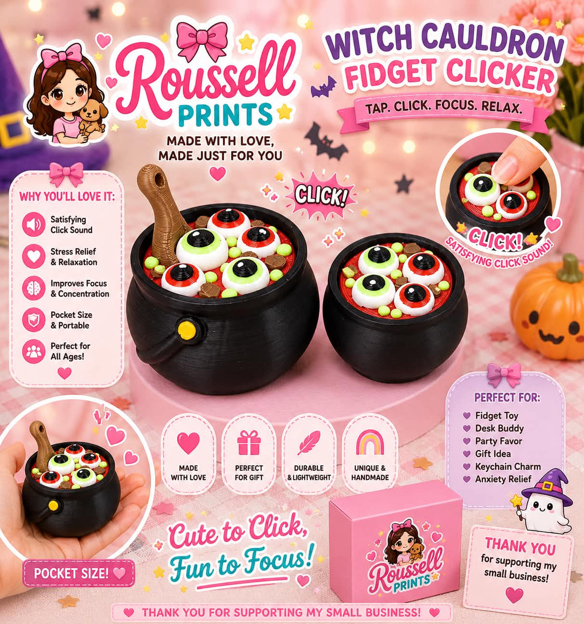 Witch cauldron fidget clicker 3D printed black cauldron with googly eyeballs potion bubbles and wooden stirring stick