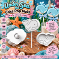 Whale cake pop mold and stamp with decorated ocean-themed treats, shown with Roussell Prints branding