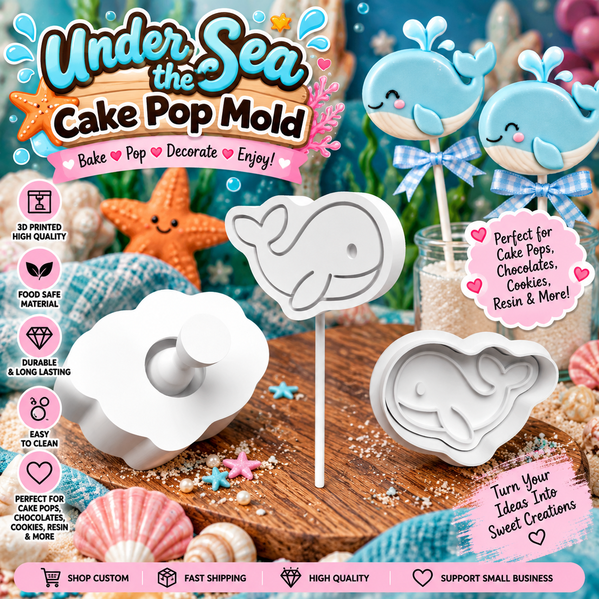 Whale cake pop mold and stamp with decorated ocean-themed treats, shown with Roussell Prints branding