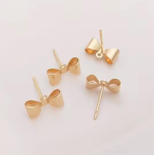 Mini Brass Bowknot Earring Posts Bow Knot Stud Earrings With Loop Bowtie Earring Stud Components 1 pair