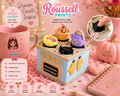 Kawaii kitchen stove fidget clicker 3D printed pastel blue with 4 clickable burners fried egg teakettle and oven mitts