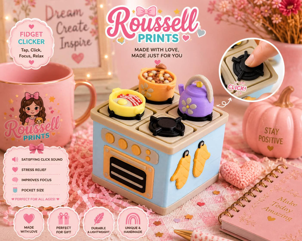 Kawaii kitchen stove fidget clicker 3D printed pastel blue with 4 clickable burners fried egg teakettle and oven mitts