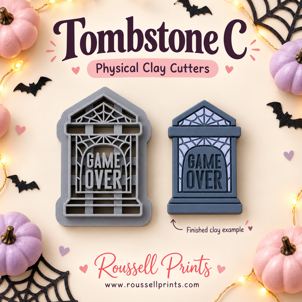 Tombstone C Game Over gray clay cutter with spiderweb detail and finished clay example