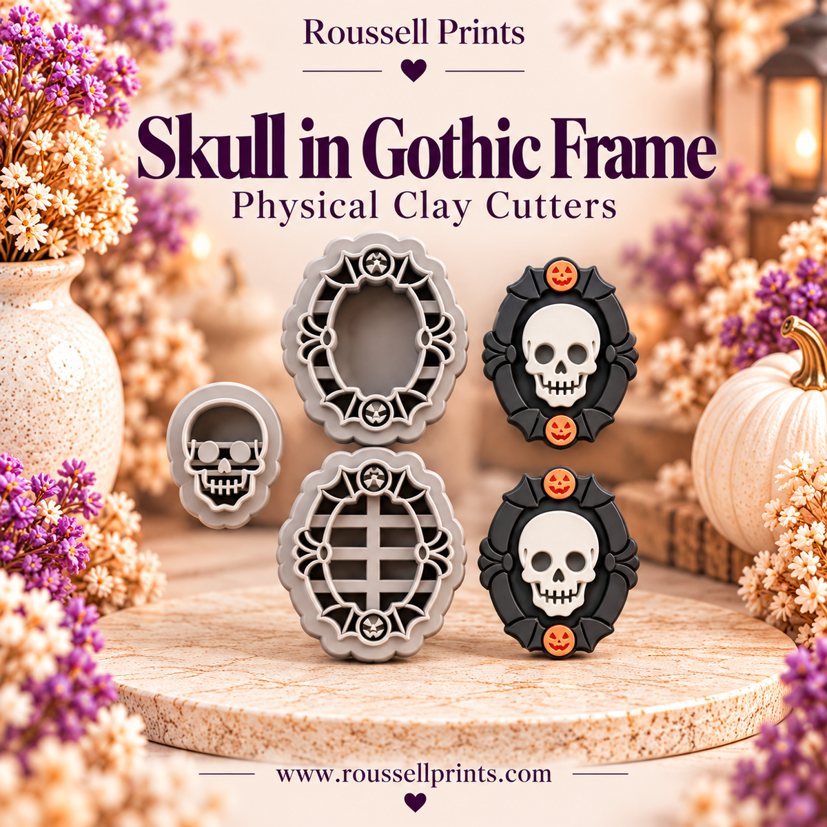 Skull in Gothic Frame clay cutter set with finished clay examples - ornate oval gothic frames and skull detail cutters