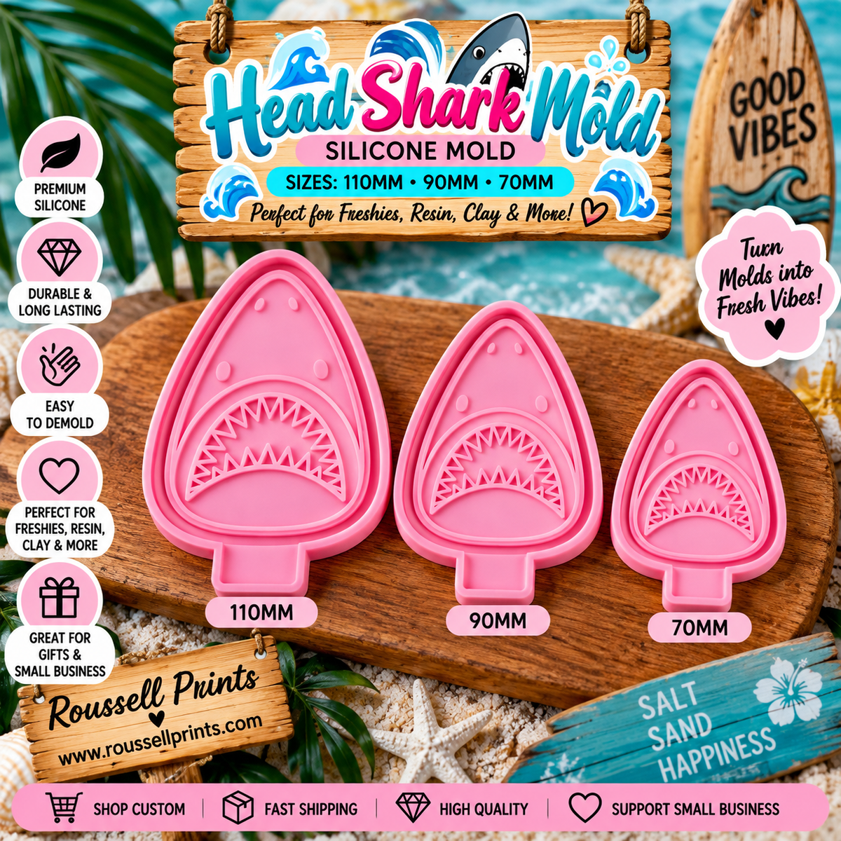 Head Shark silicone mold shown in three sizes: 110 mm, 90 mm, and 70 mm