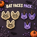 Bat Faces Pack Clay Cutter Set with 3 bat face designs and purple polymer clay earring examples by Roussell Prints