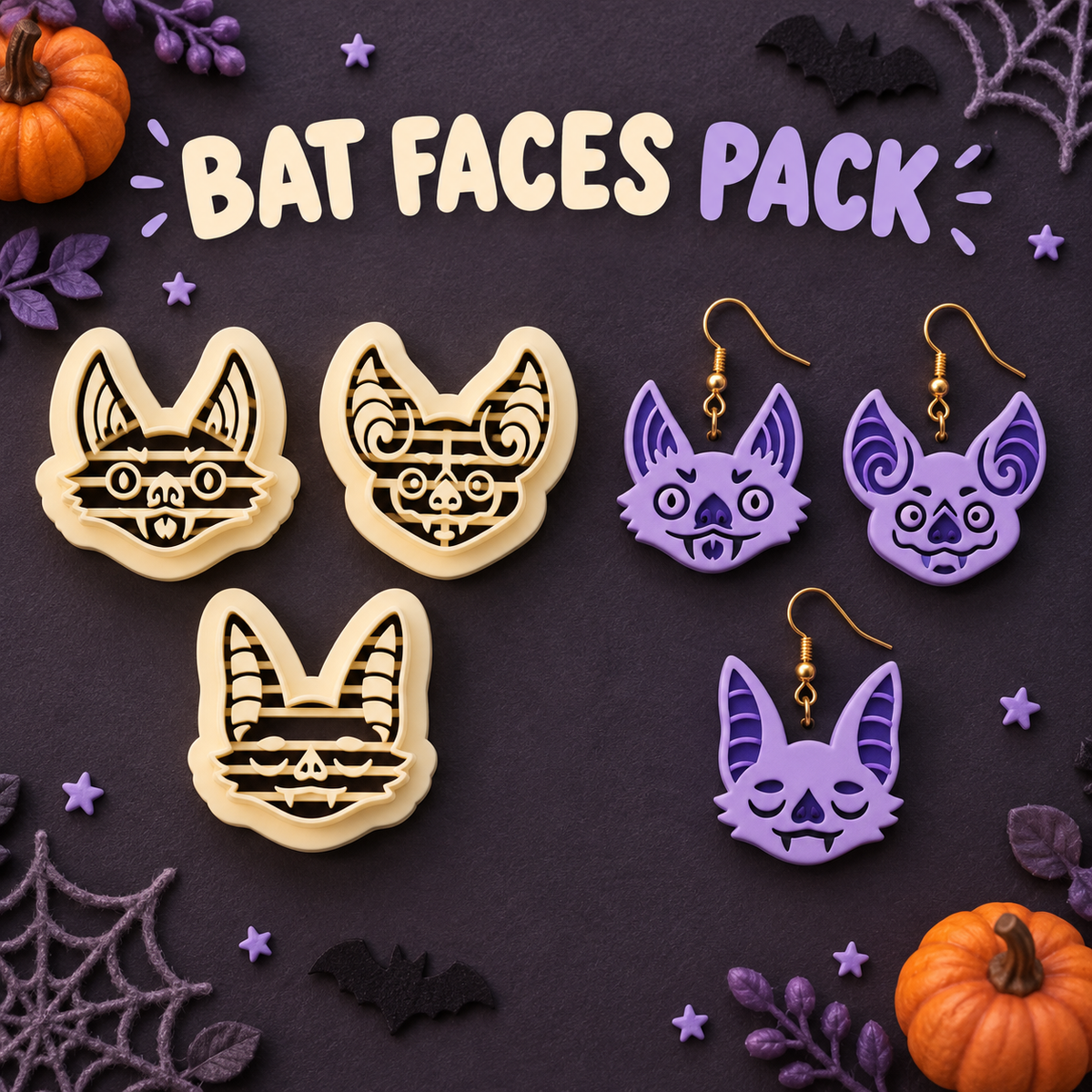 Bat Faces Pack Clay Cutter Set with 3 bat face designs and purple polymer clay earring examples by Roussell Prints