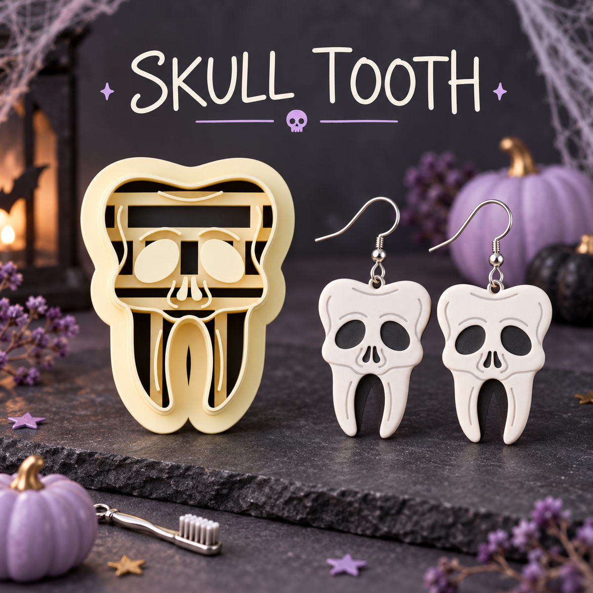 Skull Tooth Clay Cutter Set with polymer clay earring example – Halloween skull tooth design by Roussell Prints