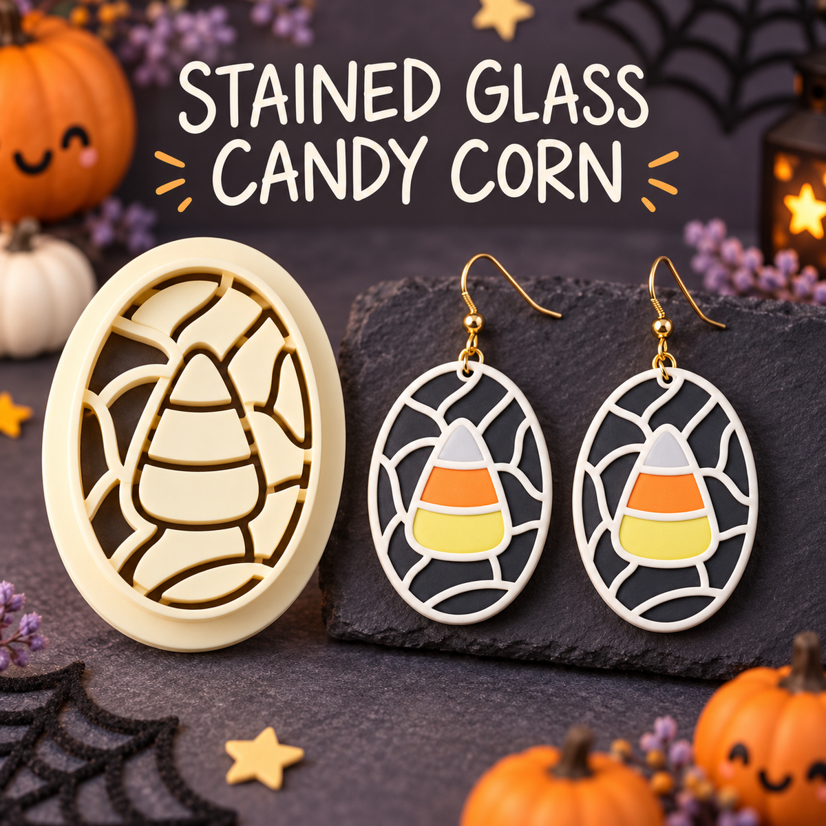 Stained Glass Candy Corn Clay Cutter Set with polymer clay earring example – Halloween candy corn mosaic design by Roussell Prints