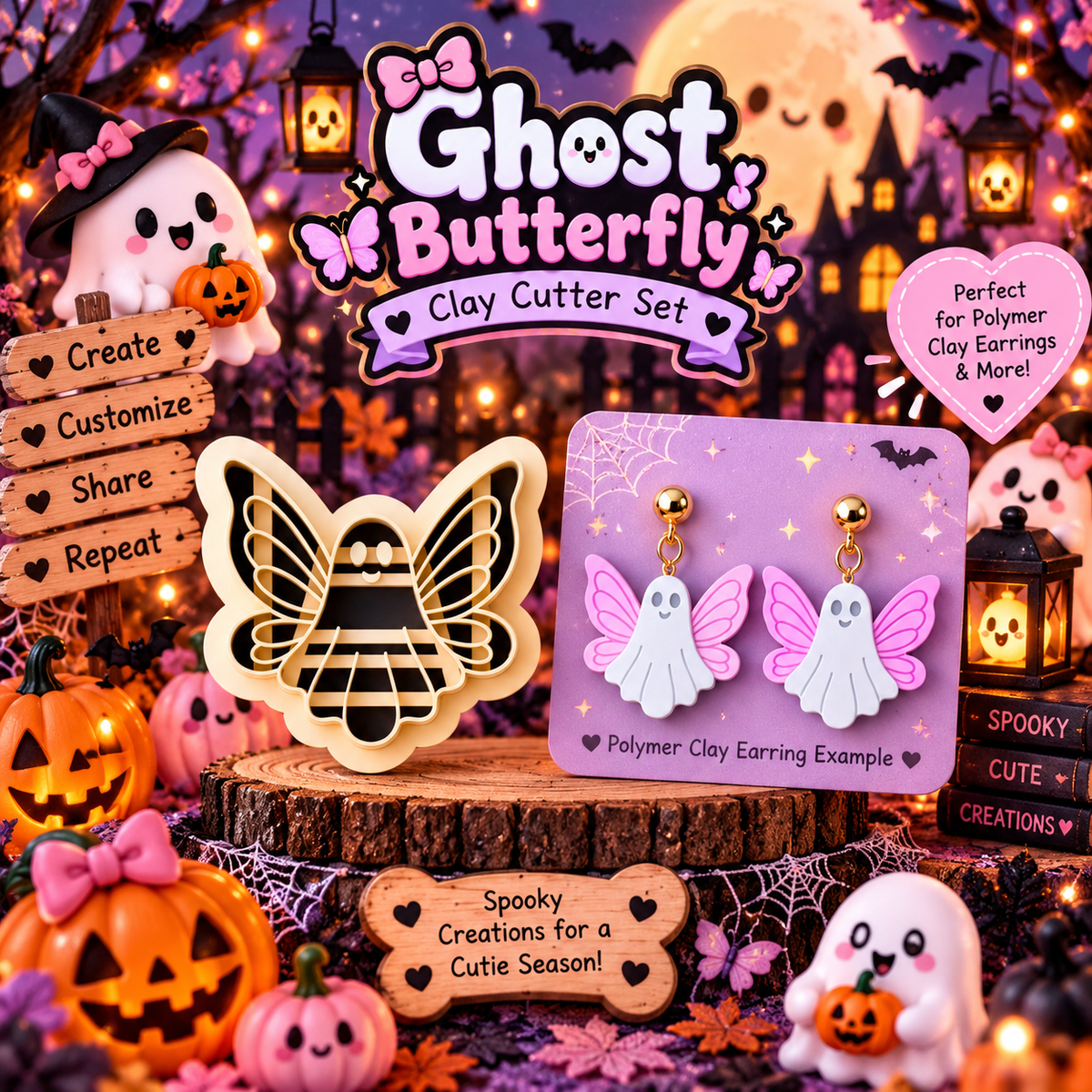 Ghost Butterfly Clay Cutter Set with polymer clay earring example – spooky cute Halloween design by Roussell Prints