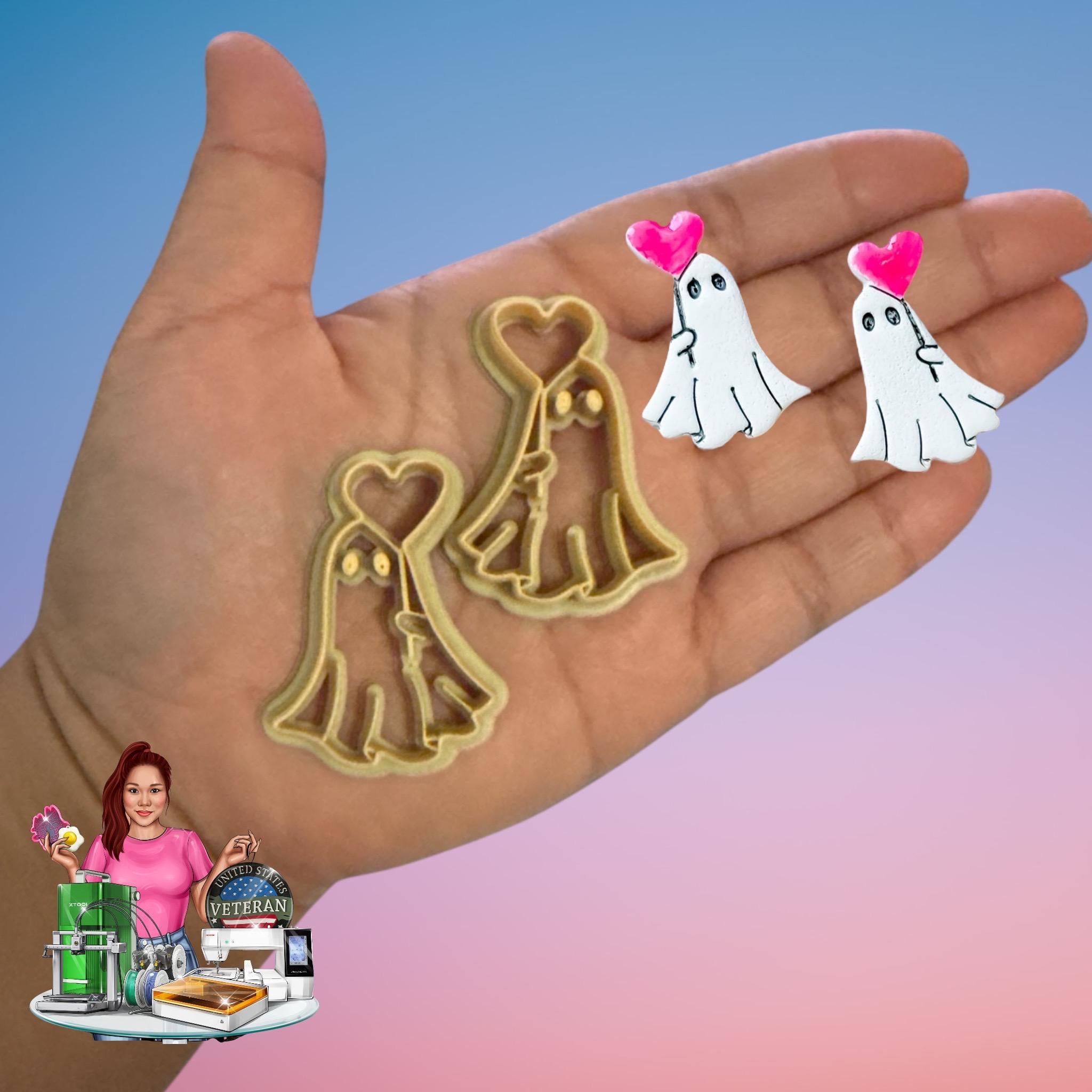 Ghost with Heart Balloon Clay Cutter: Polymer Clay Earring Tool