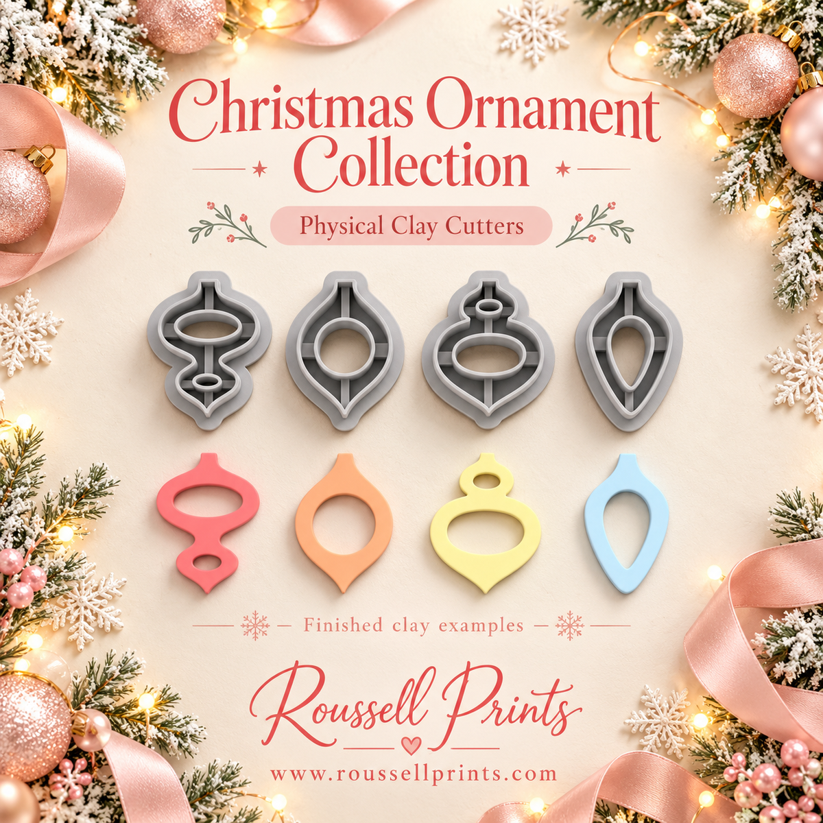 Four gray Christmas ornament clay cutters with colorful finished clay examples below