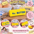 Yellow 4 oz. butter stick fidget clicker keychain with a metal keyring and satisfying press design