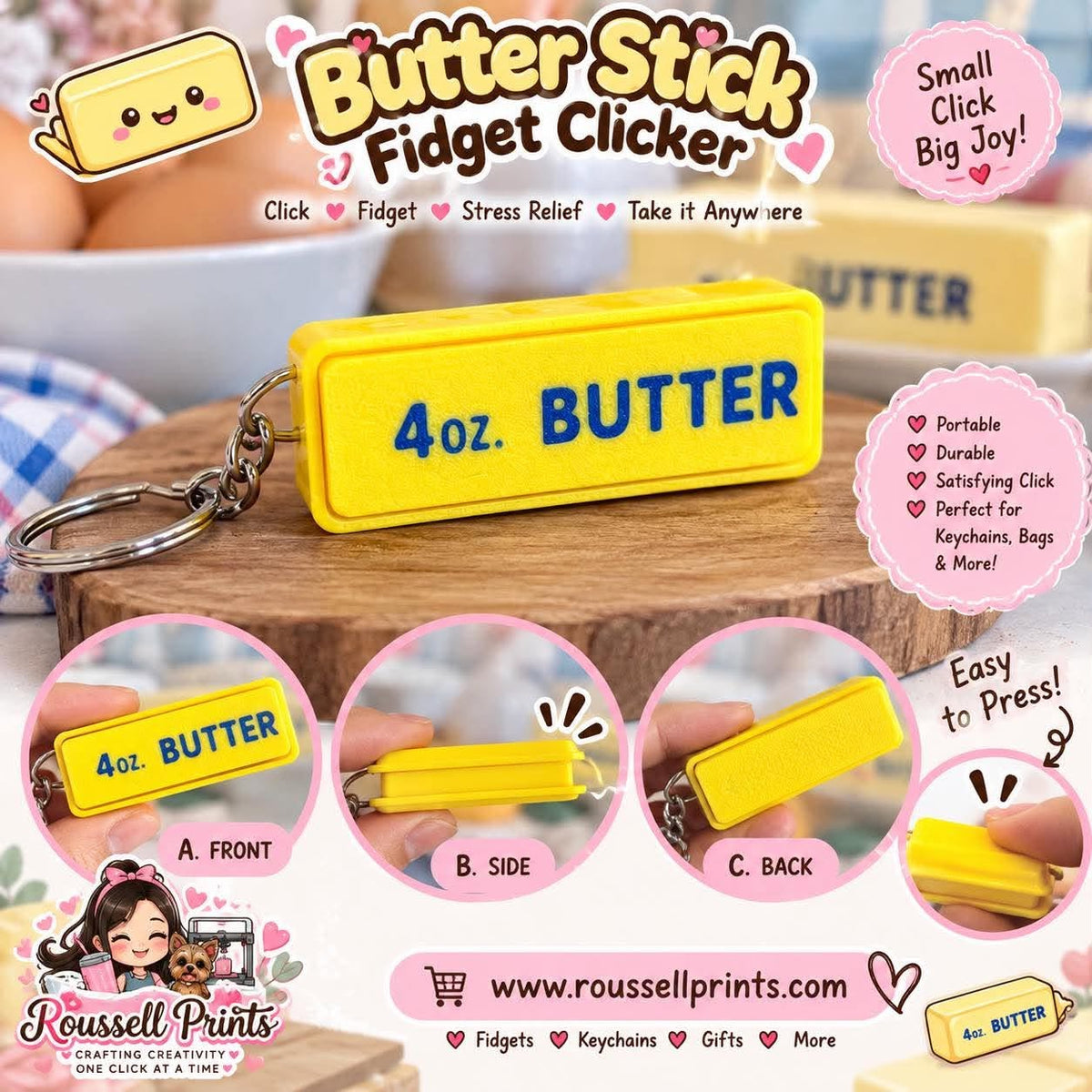 Yellow 4 oz. butter stick fidget clicker keychain with a metal keyring and satisfying press design