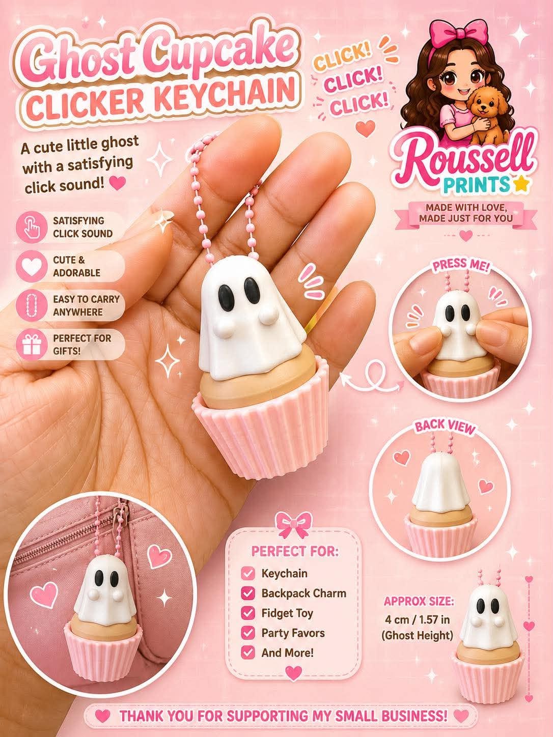 Ghost cupcake clicker keychain kawaii white ghost on pink cupcake with click sound